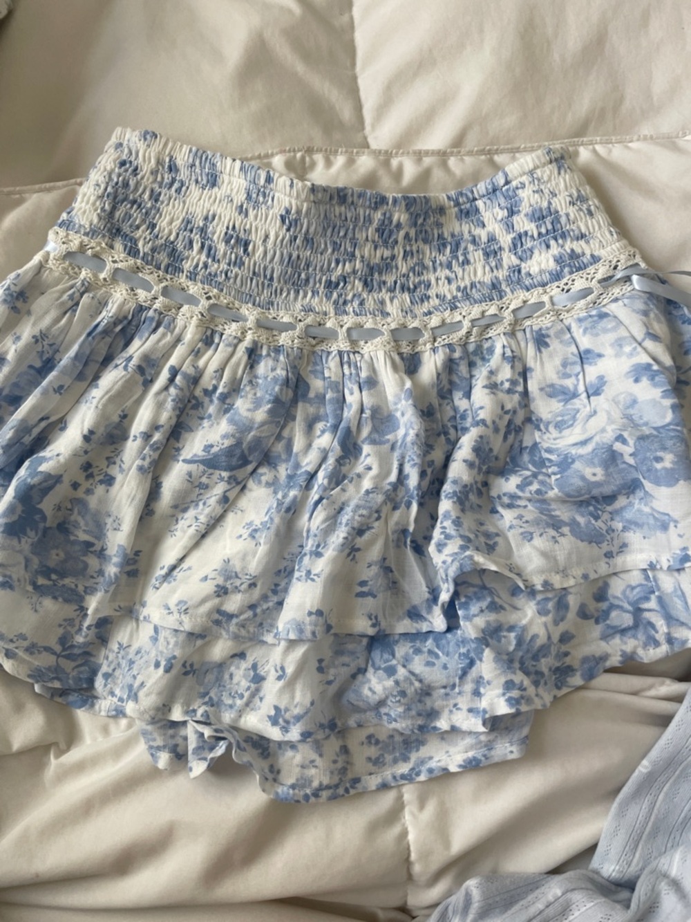 Hollister Blue and White Floral Ruffle Mini Skirt